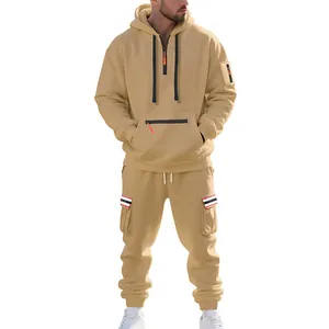 Detailed view of men's heavy fleece khaki hoodie and cargo pants tracksuit set