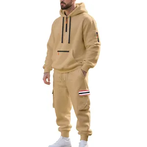 Detailed view of men's heavy fleece tracksuit set in khaki with stripe accents