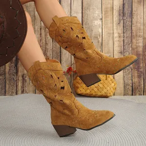 Close-up detail of brown suede cowboy boots with laser-cut swirl patterns and gold studs.