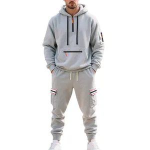Men's grey heavyweight fleece hoodie and cargo joggers tracksuit set with stripe details