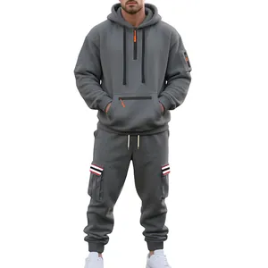 Full-body view of men's grey heavy fleece tracksuit featuring cargo pockets and stripes