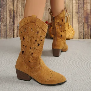 Macro detail view of tan suede cowboy boots with laser-cut patterns and gold studs
