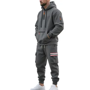 Side view of grey heavy fleece tracksuit with cargo pants and striped pocket accents