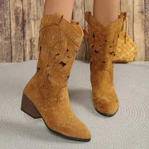 Detail of suede Western boots with floral cutouts and rivet accents on the shaft.