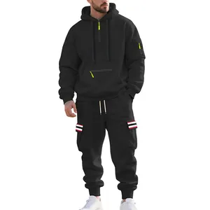 Men's heavy fleece tracksuit set featuring a black hoodie and striped cargo joggers