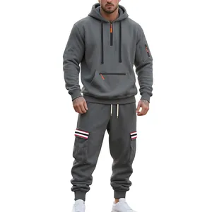 Men's grey heavy fleece hooded tracksuit with cargo pants and striped pocket details