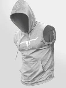 Detailed macro shot of men's sleeveless hooded sports vest with white bull head print