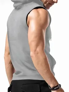 Side view of grey men's sleeveless hooded sports vest showing fabric texture and fit.
