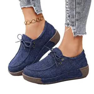 Mocasines de lona azul transpirables para mujer con suelas suaves antideslizantes y estilo.