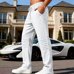 Pantalon d'été décontracté en lin blanc pour hommes avec plis aux genoux et cordon de serrage