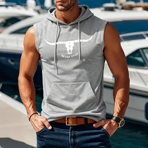 Athletic men's sleeveless grey hoodie vest featuring bull skull and Never Stop slogan