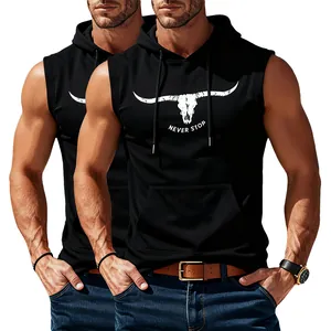 Men's black sleeveless sport hoodie with bull skull print and Never Stop slogan