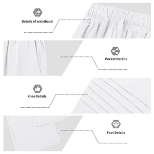 Vues détaillées du pantalon en lin blanc : taille, poches, plis genoux et finitions bas.