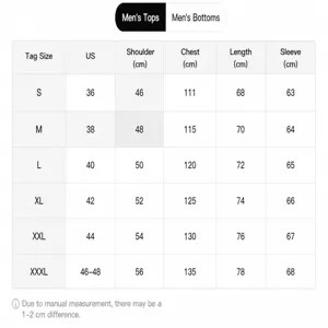 Detailed size chart for men's athletic tracksuit sweatshirt with specific measurements