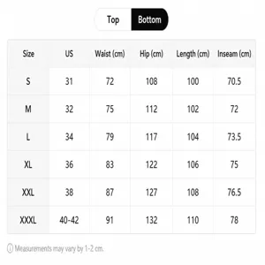 Detailed size chart for men's sports tracksuit bottoms with measurements
