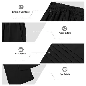 Vues détaillées du pantalon en lin noir pour homme : taille, poches, genoux et ourlet de jambe