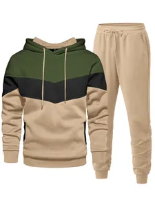Close-up of men's three-tone patchwork hoodie and matching khaki sweatpants
