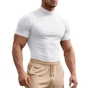 Athletic men's white mock neck compression t-shirt for fitness gym and running sports