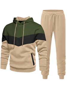 Detailed view of men's 3-color patchwork tracksuit with hoodie and matching joggers
