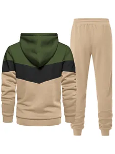 Back view of men's color-block hooded sweatshirt with matching khaki jogger pants set