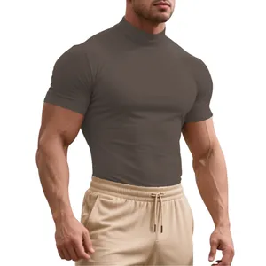 Men's mock neck athletic compression shirt for gym training and running, breathable fit