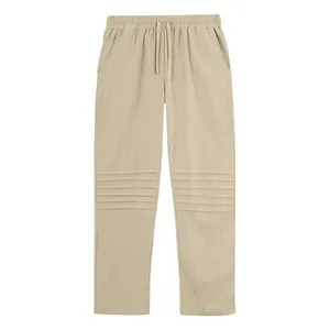 Pantalon décontracté en lin pour hommes couleur kaki avec détails plissés aux genoux