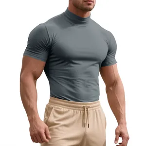 Professional athletic men's tight-fit mock neck short sleeve sports shirt in grey color