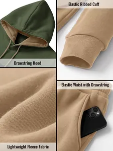 Close-up views of men's fleece hoodie details including hood, cuffs, and pockets
