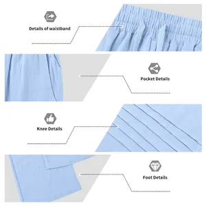 Vue détaillée du pantalon en lin bleu clair montrant la taille, les poches et l'ourlet