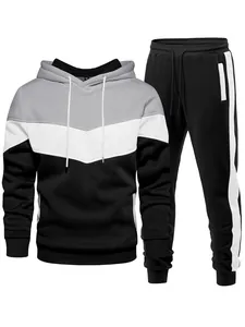 Men's three-color patchwork tracksuit set with hoodie and striped sweatpants.