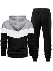 Back view of a men's 3-color spliced tracksuit with a grey, white, and black hoodie.
