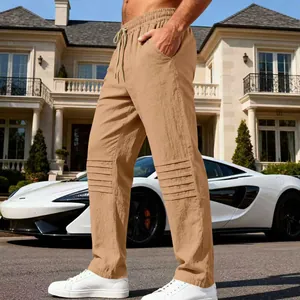 Pantalon pour homme en lin respirant à coupe droite avec détails plissés aux genoux