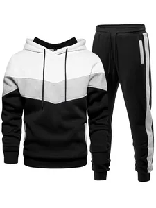 Men's sport tracksuit set featuring a tri-color blocked hoodie and side-stripe pants