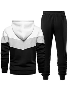 Men's 3-color block hoodie tracksuit set in white grey and black back view detail