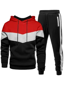 Men's three-color block tracksuit set with red, grey, and black hoodie and pants