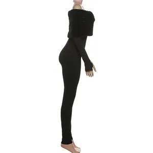 Elegant black off-shoulder jumpsuit for women with faux fur trim and slim fit style