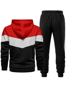Detailed back view of men's tricolor color-block hoodie and black sweatpants set