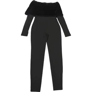 Sexy black off-shoulder jumpsuit for women with plush faux fur trim detail on neckline