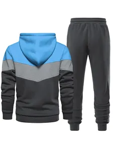 Detailed back view of men's three-color color-block hooded tracksuit set for sports