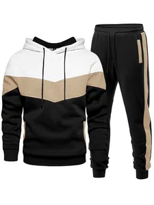 Detailed view of the men's tri-color patchwork hoodie and jogger pants athletic set