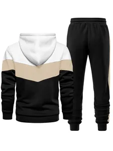 Back view of men's three-color block tracksuit set featuring hoodie and joggers