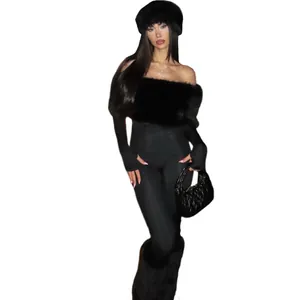 Fashionable black off-shoulder jumpsuit with faux fur trim and slim fit silhouette