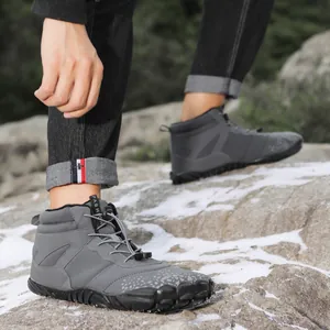 Grey plush winter snow boots with high-top warm design for outdoor activities