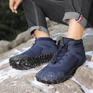 Navy blue high-top barefoot snow boots with warm fleece lining for winter outdoor