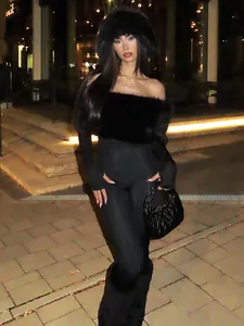 Women Sexy Off Shoulder Faux Fur Patchwork Slim Jumpsuit Solid Black Long Sleeve Bodycon Romper Winter Clubwear Party Night Outfit