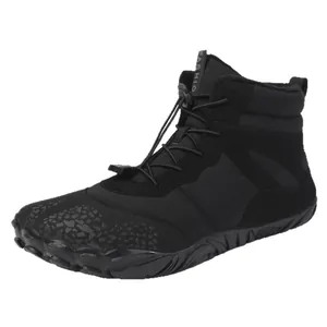 Black warm winter high-top barefoot snow boots with fleece lining and drawstring laces