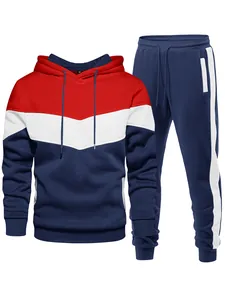 Men's tricolor hooded tracksuit set featuring navy, red, and white block design