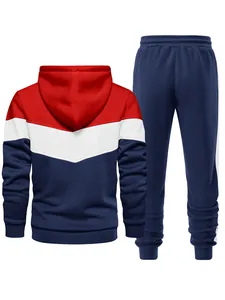 Men's tricolor color-block tracksuit set with red white and navy blue back view
