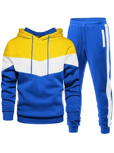 Detailed shot of men's three-color hooded sweatshirt and jogger pants set for exercise.