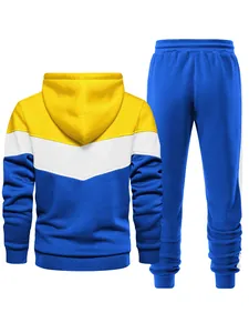 Back view of men's three-color patchwork tracksuit with yellow white and blue panels